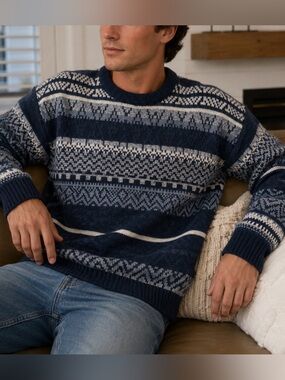 VINTAGE Classic Blue & White Patterned Crewneck Sweater